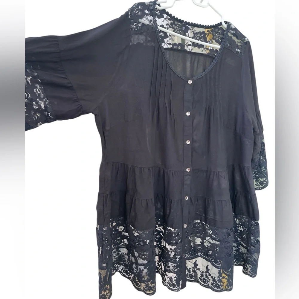 Boho babydoll Y2K milkmaid black lace tunic mini dress - Picture 1 of 5
